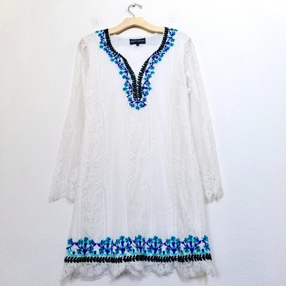 NEW | Hemant & Nandita Eyelash Lace Embroidered Tunic Dress White & Blue Small